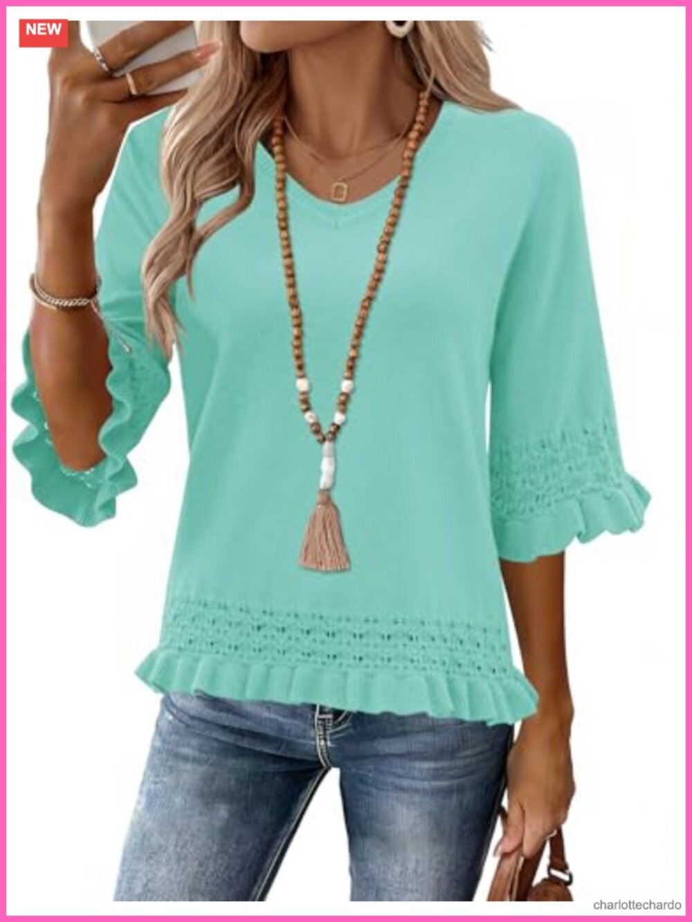 LOMON Womens 3/4 Sleeve V Neck Peplum Sweater Knit Pullover